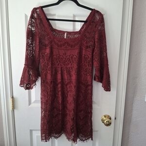 Free People Burgundy Red Lace Overlay Knee Length Dress Sz S Fairy Festival Boho